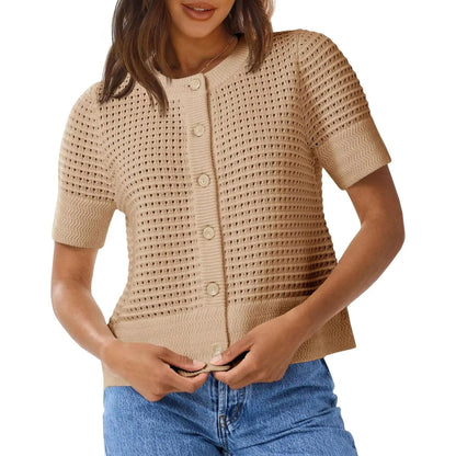 Womens Crochet Short Sleeve Cardigans Button Up Crew Neck Summer