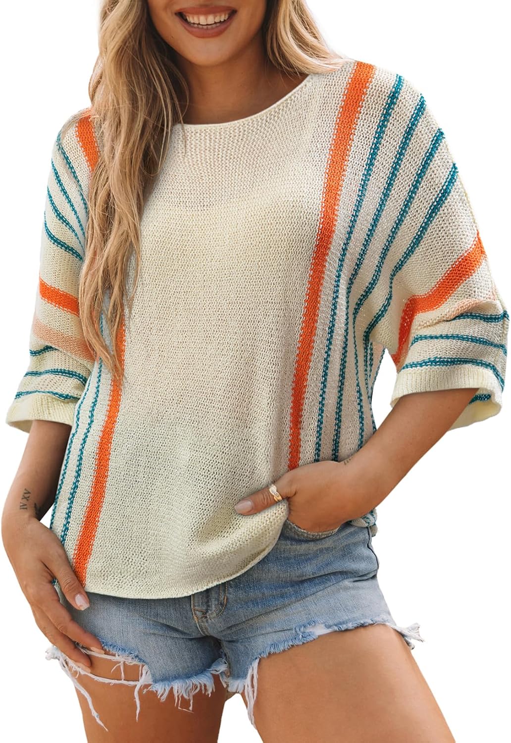 ✨Hot Sale-Women's Casual Color Block Striped Cable Knit Boho Sweater