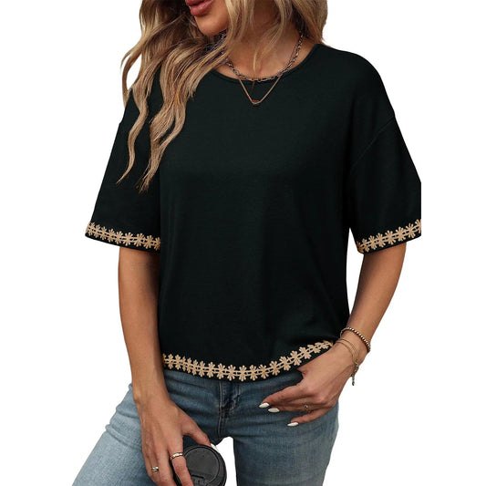 Women's Casual Summer Crewneck Short Sleeve Embroidered Loose Oversized Basic Tee