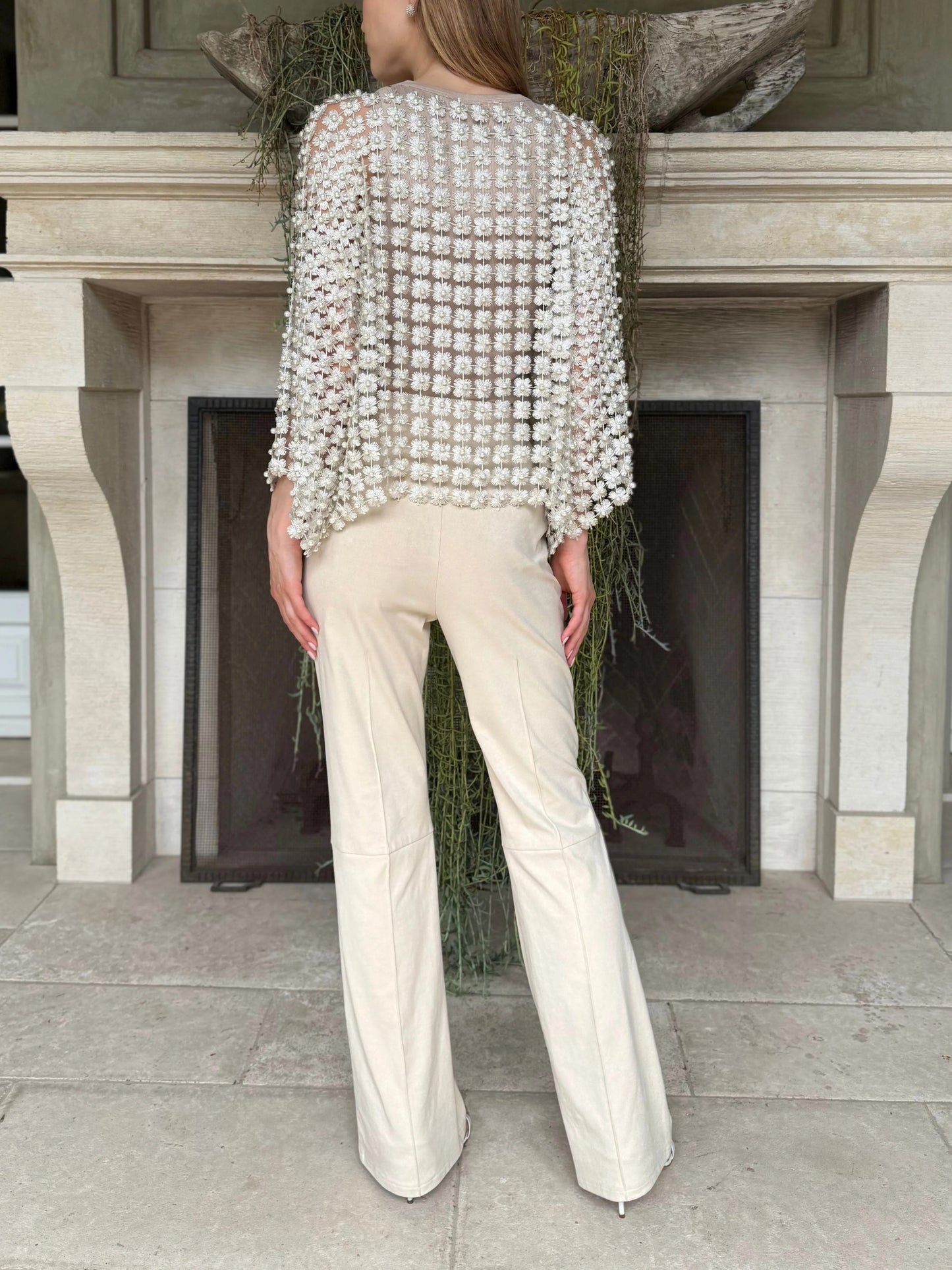 HOT SALE Women's Beaded Floral Cutout Long Sleeve Top Coverup