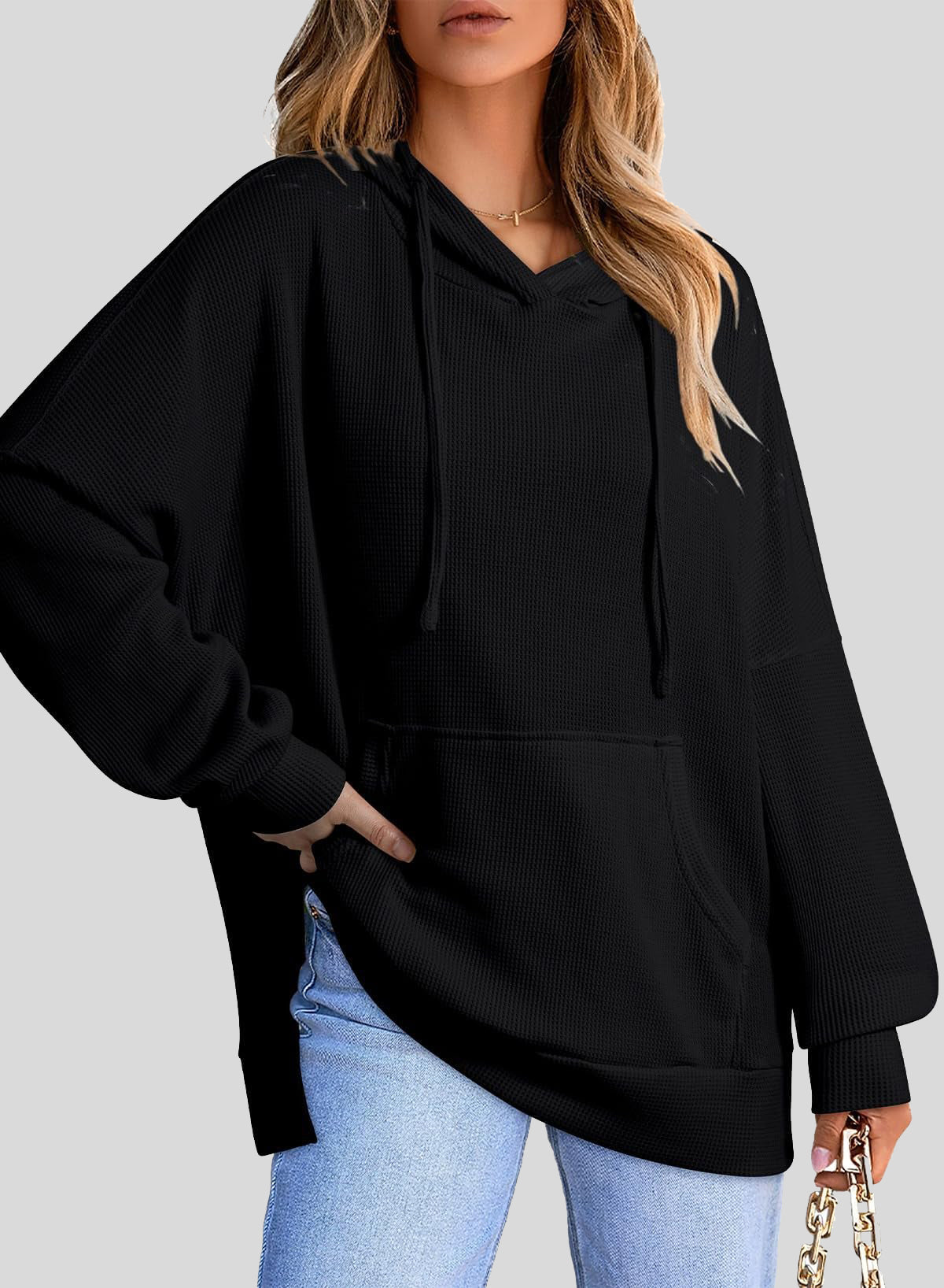 ✨Oversized Hoodies for Women Waffle Knit Drawstring Side Slit Pullover Sweatshirts with Pocket (Final Days: Big Savings!!!)