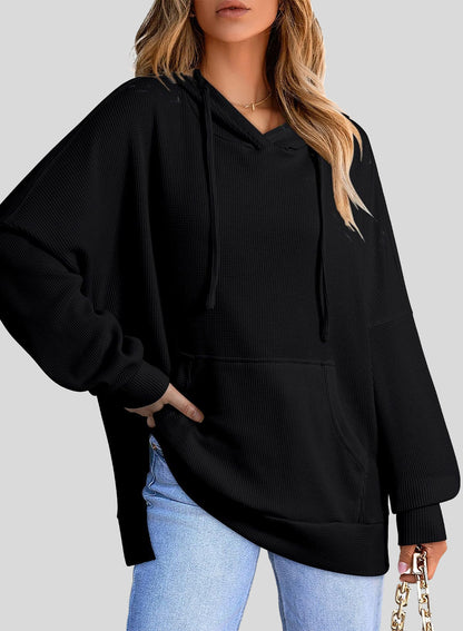 ✨Oversized Hoodies for Women Waffle Knit Drawstring Side Slit Pullover Sweatshirts with Pocket (Final Days: Big Savings!!!)