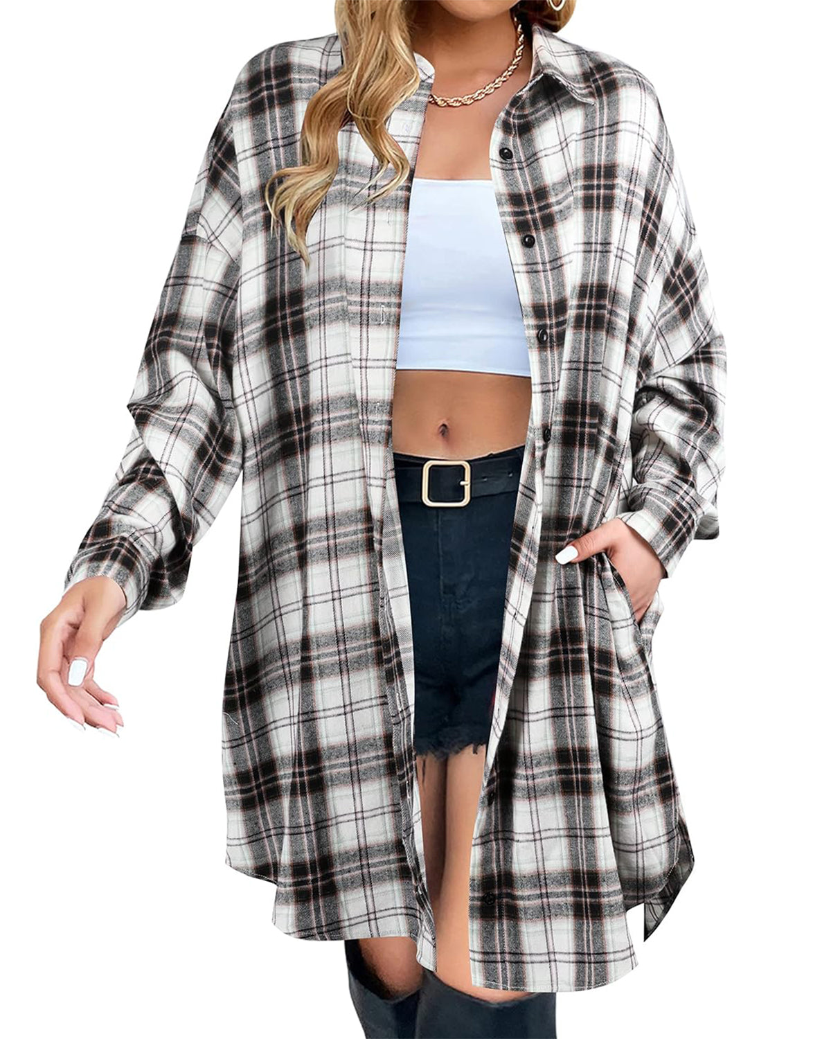 Limited time sale 🔥Women's Flannel Shirts Plaid Shacket Collared Long Jacket Coats