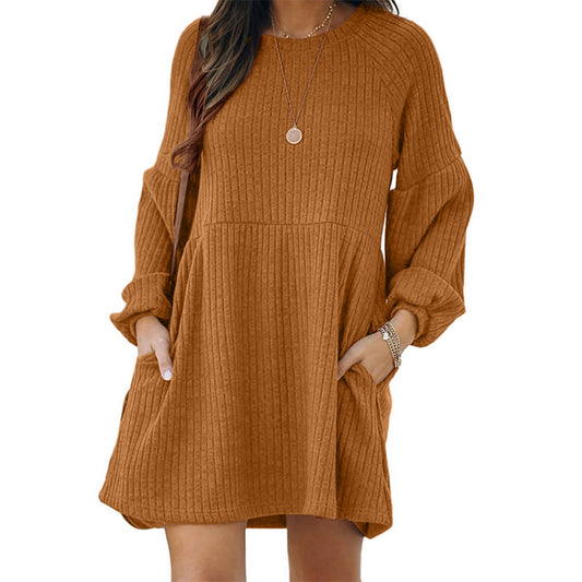 ✨Minimalist Chic Plain Textured Ribbed Pocket Bishop Sleeve Crewneck Dress