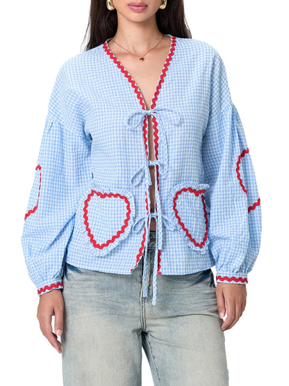 ✨Women Cute Plaid Blouses Long Sleeve V-Neck Bow Tie Front Tops with Pockets