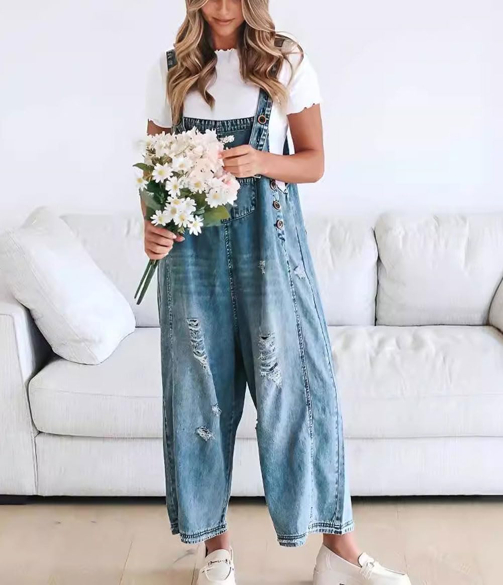 ⏰Hot Sale-Women's Cute Casual Button Jumpsuit Ripped Denim Overalls