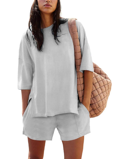 ✨2025 NEW Trendy Casual Solid Color Suit with Slit Top and Shorts