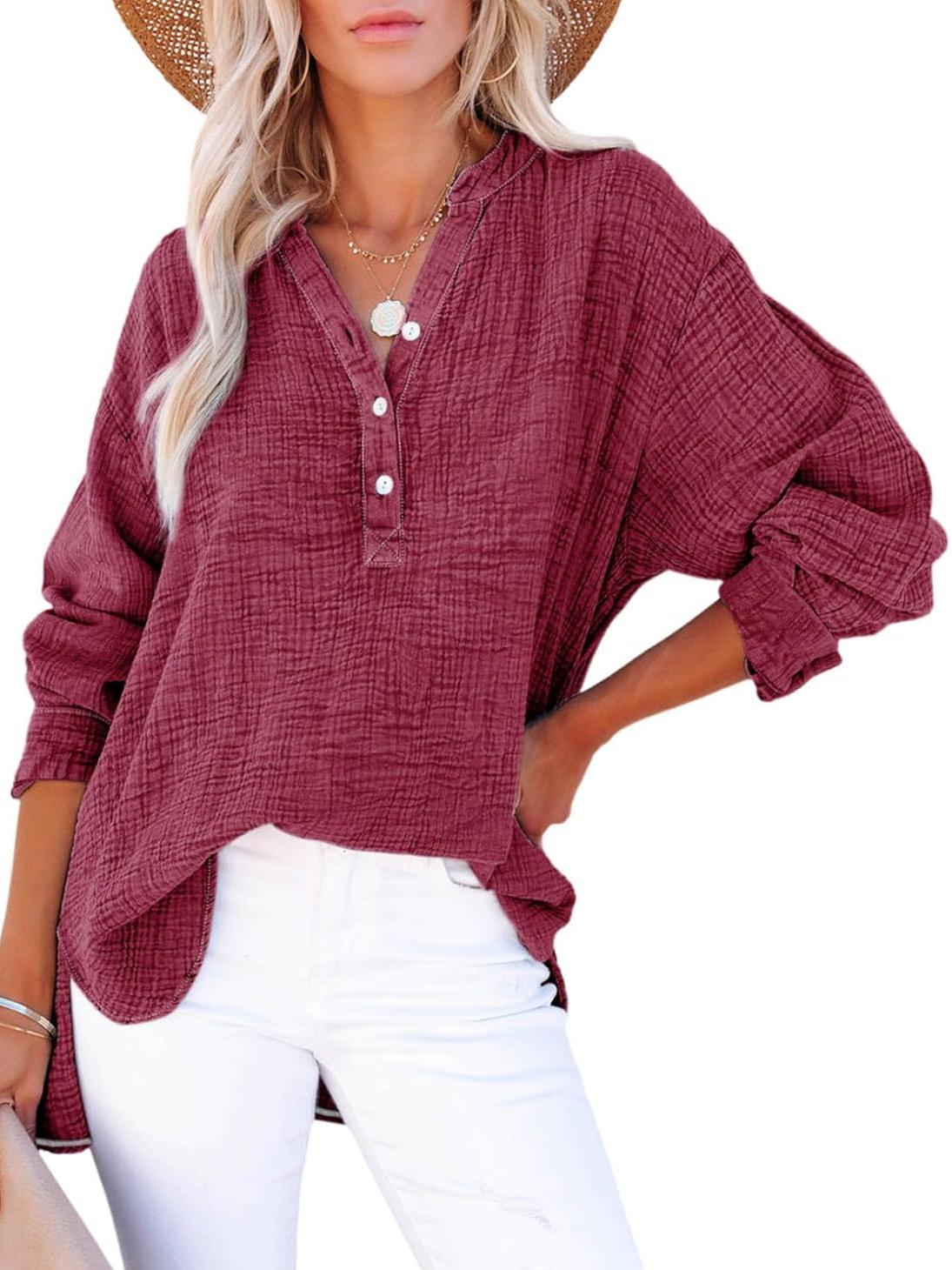 ⏰Hot Sale-Womens Casual Button V Neck Long Sleeve Shirts Oversized Solid Blouses Tops