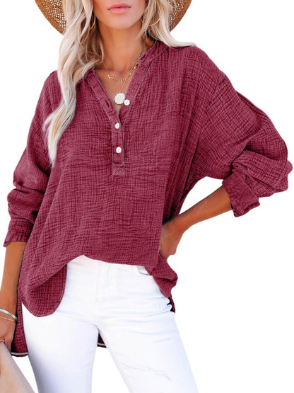 ⏰Hot Sale-Womens Casual Button V Neck Long Sleeve Shirts Oversized Solid Blouses Tops