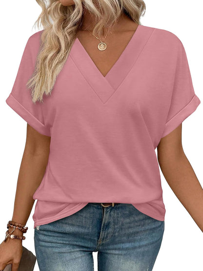 ✨Womens Summer V Neck Short Sleeve Solid Color Basic T Shirt