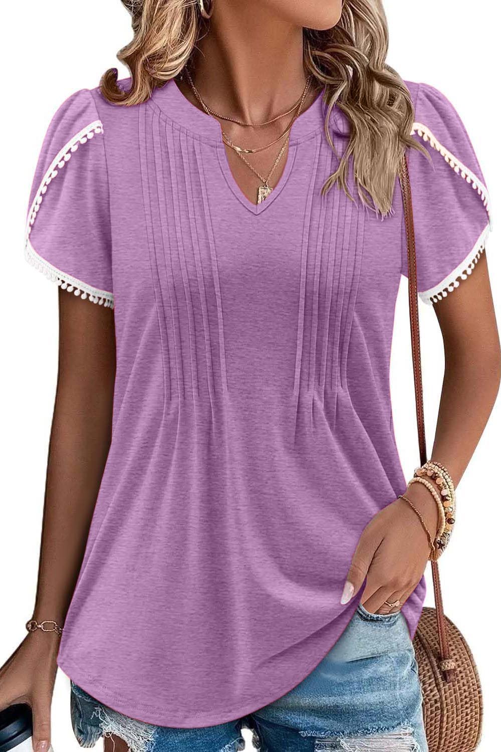 ✨Women's Cute Fringe Cuff Casual Short Sleeve Printed & Solid Tops