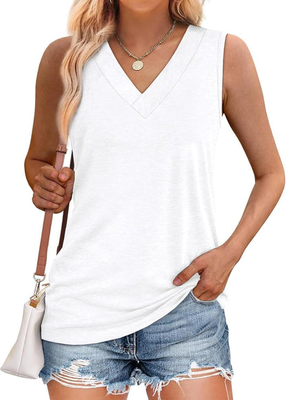 ✨Women Summer Loose Fit V Neck T Shirts Trendy Sleeveless Basic Tank Tops