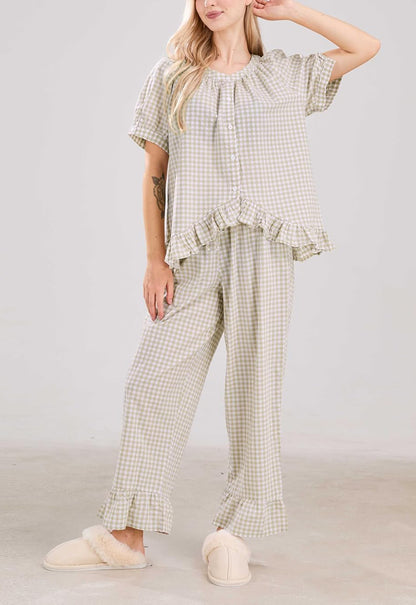 ✨Women Plaid 2 Piece Set Pajamas Outfits Short Sleeve Ruffle Shirt Pants Sets