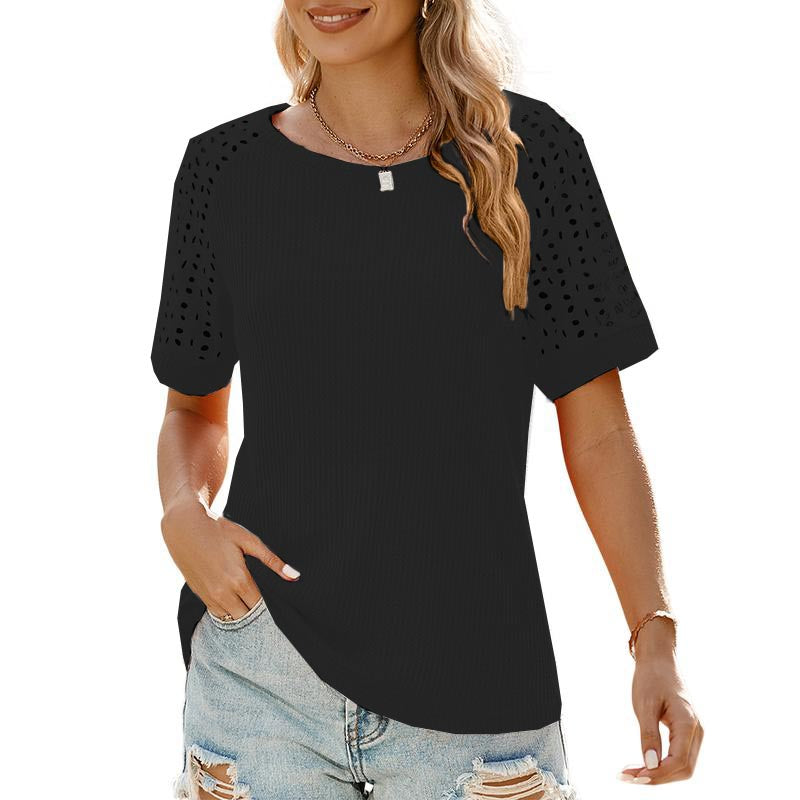 ✨Women Casual Round Neck Waffle Grid Patchwork Hollow Out Embroidered T-Shirt
