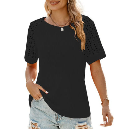 ✨Women Casual Round Neck Waffle Grid Patchwork Hollow Out Embroidered T-Shirt