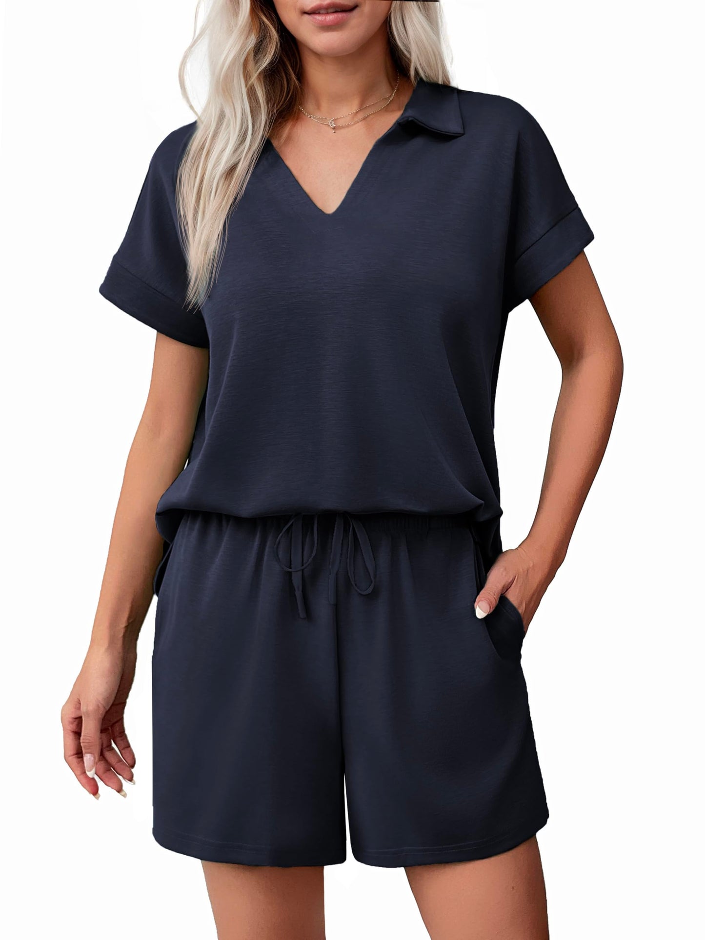 ✨Women Summer Lounge Sets Short Sleeve Sweatshirt V-neck Tops and Drawstring Shorts Outfits Tracksuit