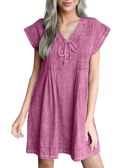 ✨Women's V-neck Pleated Denim Dress With Pockets