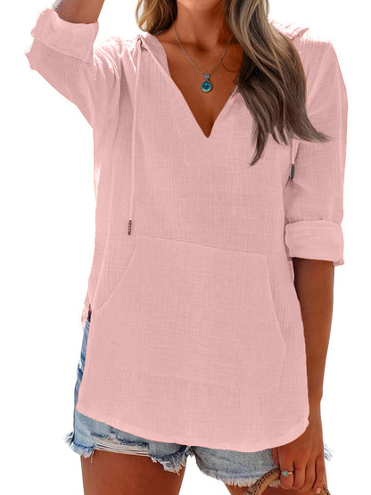 ✨ Women's Long Sleeve V Neck Pocketed Hooded Shirt Top