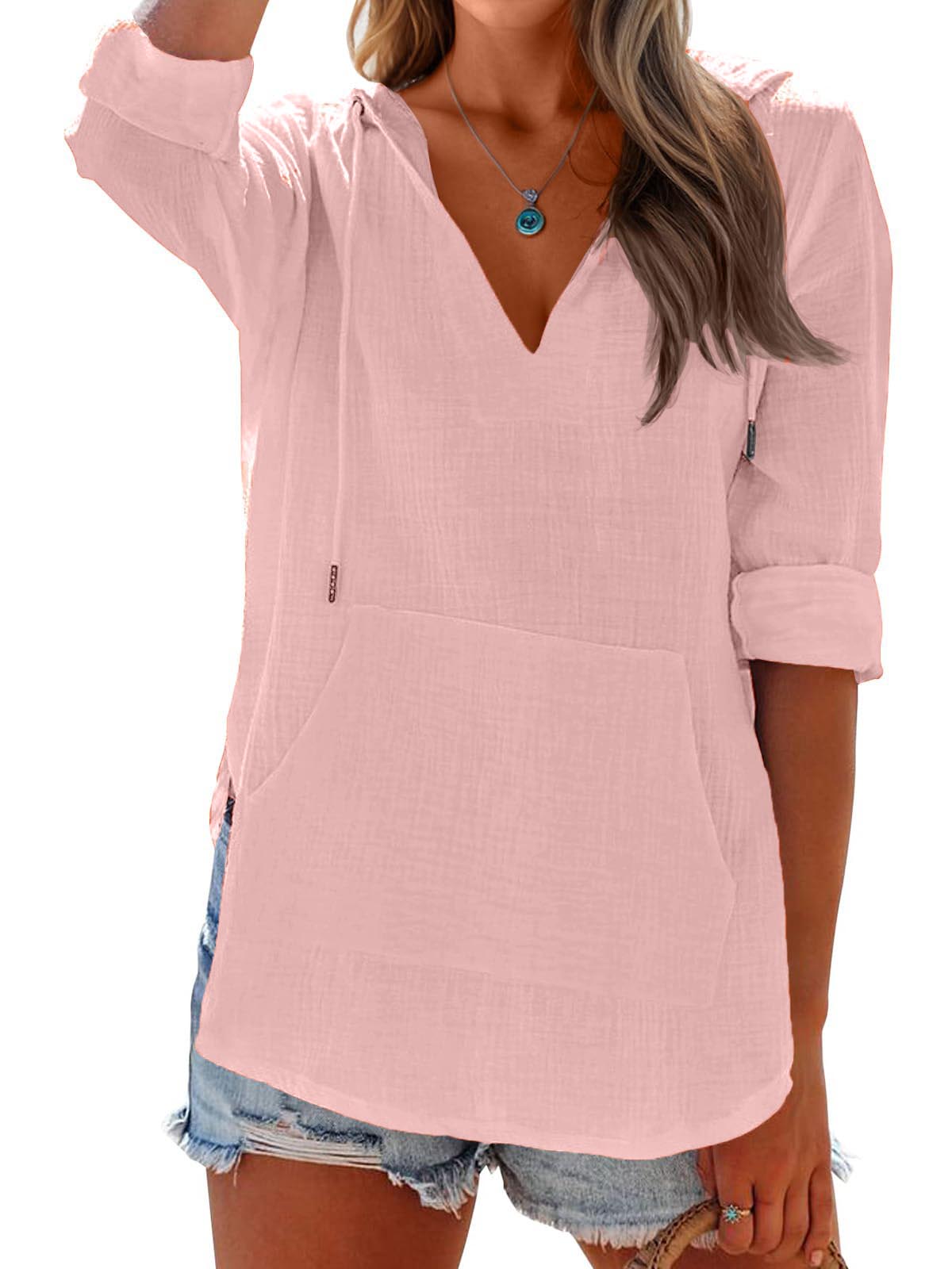 ✨Women's Long Sleeve V Neck Pocketed Hooded Shirt Top