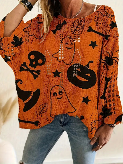 ✨Halloween Crew Neck Pumpkin Loose Fit Long Sleeve Cutout Sweater