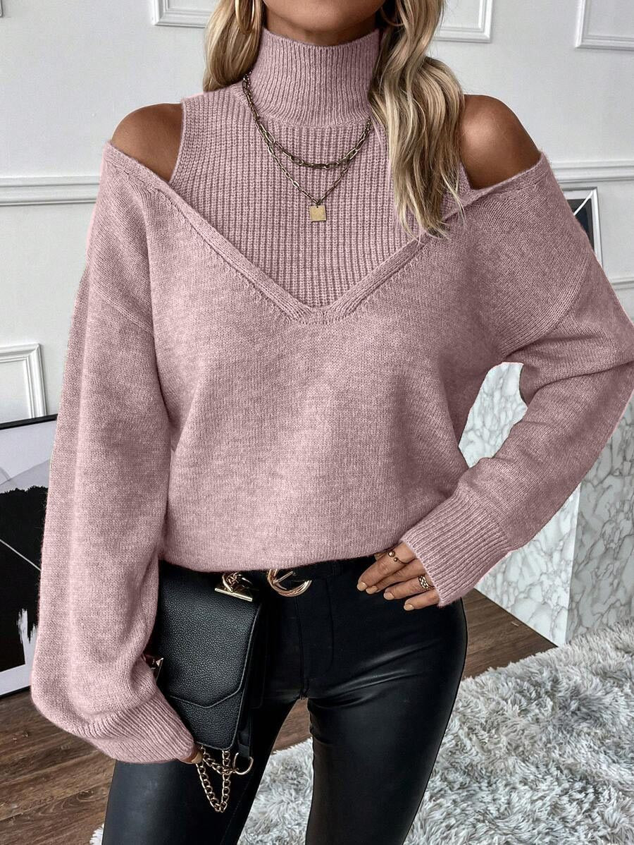 ✨Women's Turtleneck Cold Shoulder 2 In 1 Sweater