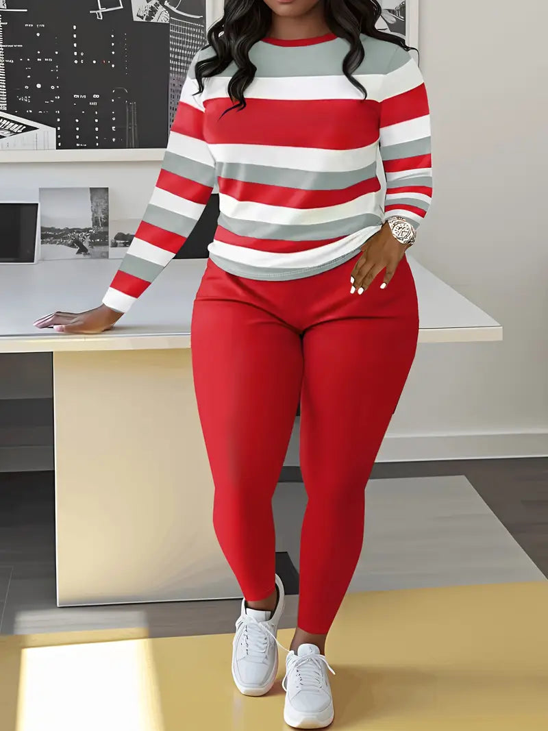 Women's Casual Striped Crew Neck Sweater & Solid Color Pants Set