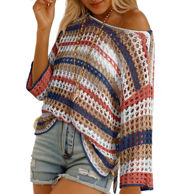 Womens Spring Summer 3/4 Sleeve Crochet Sweater Hollow Out Color Block Striped Tops