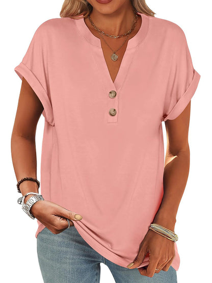 ✨Women's V Neck Button Casual Loose Fit Short Sleeve Henley Tops