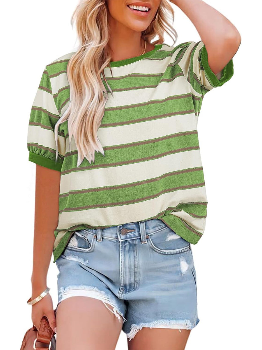 🔥HOT SALE Women's Striped Color Block Short Sleeve T-Shirts Casual Loose Basic Tee