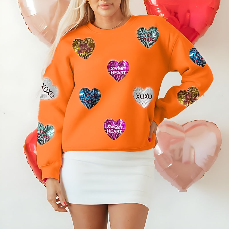 Womens Valentine's Day Sweatshirt with Heart Sequins