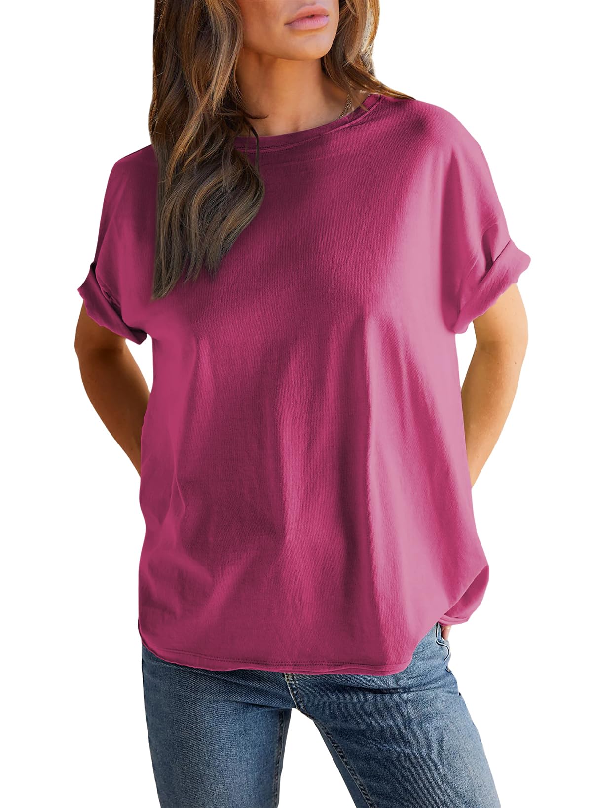 Women’s Round neck solid color short sleeve back spliced T-shirt cotton tee