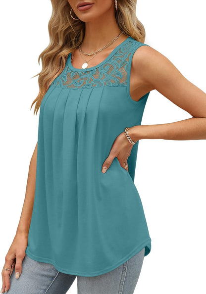 ✨Women's Loose Fit Pleated Scoop Neck Sleeveless Lace Tank Tops