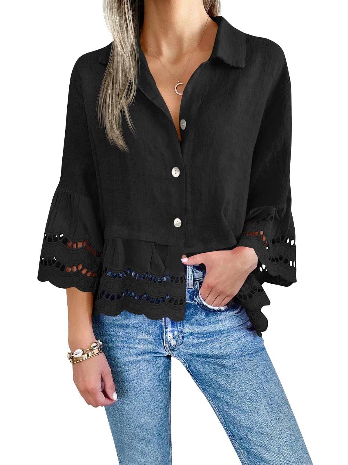 Women‘s Chic Ruffle Hem Blouse with Hollow Out Design