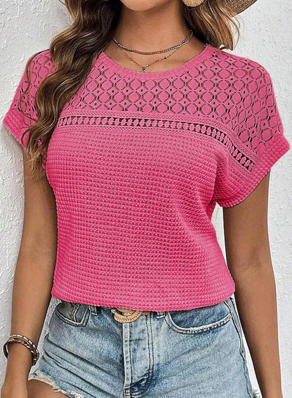 ✨Women's Casual Waffle Knit Hollow Out Short Sleeve Shirts