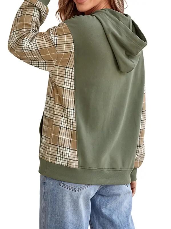 Women's Plaid Spliced Color Block Hoodie