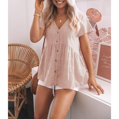 Women's Short Sleeve V Neck Blouse Button Down Shirt Loose Casual Ruffle Hem Babydoll Peplum Top