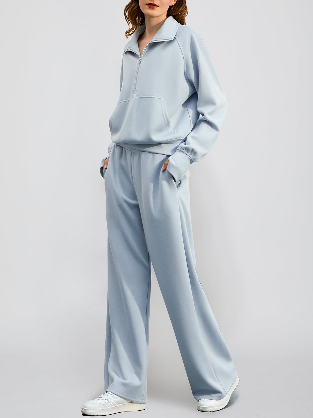 Women's Oversized Half Zip Wide Leg 2 Piece Outfits Lounge Set