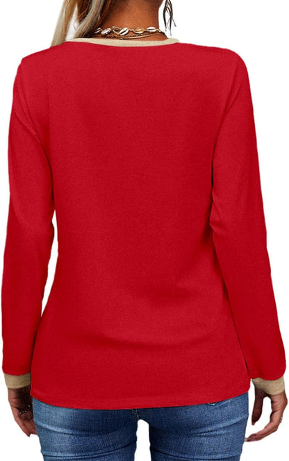 ✨Womens Long Sleeve T Shirts Casual V Neck Color Block Tunic Tops
