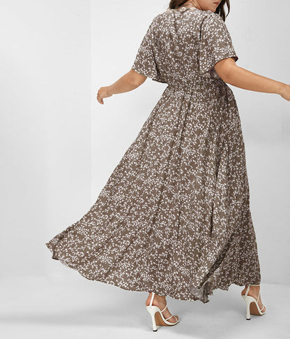 Flutter Sleeve Ditsy Floral Split Maxi Dress