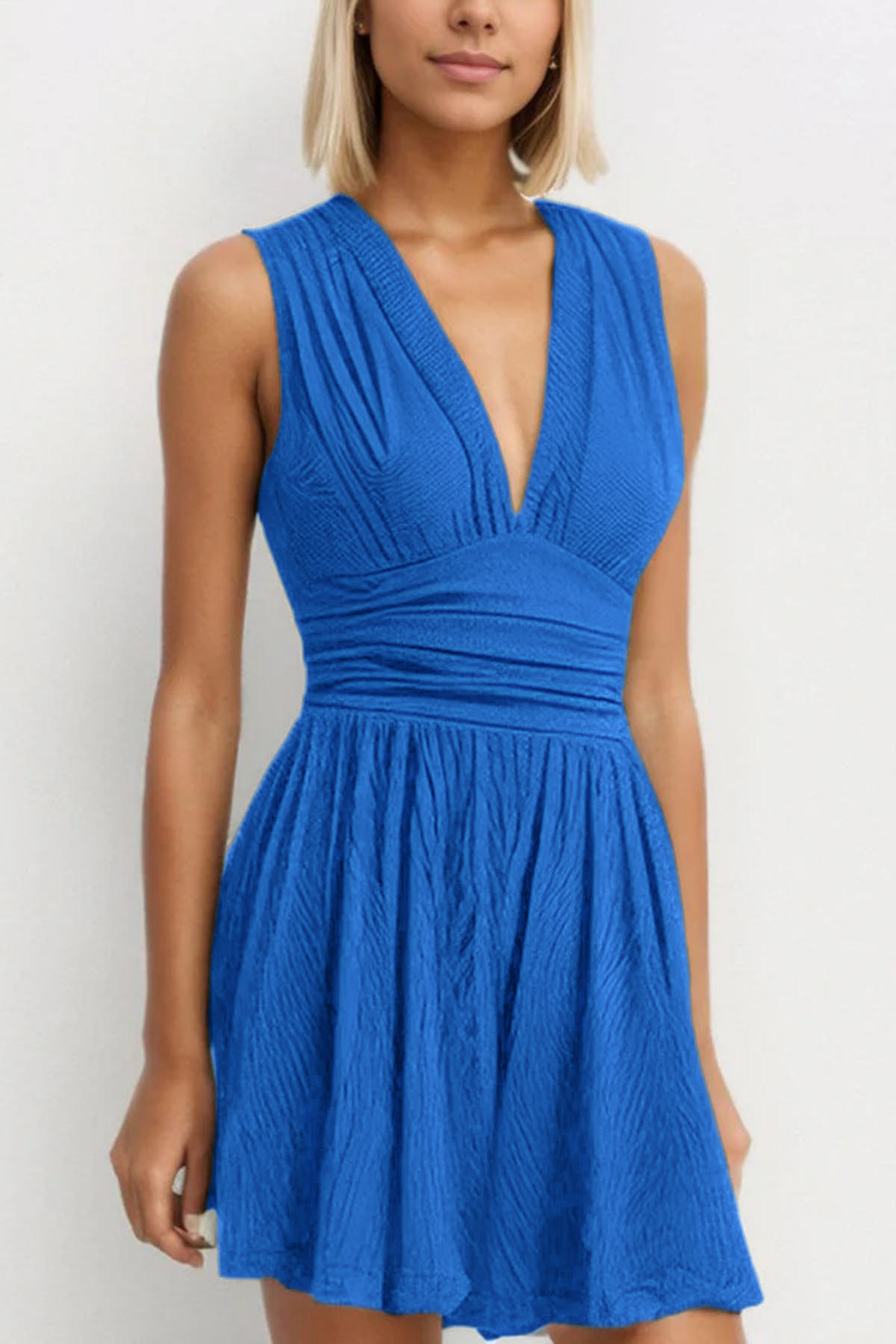 Women's Plain Ruched Deep V Neck Tank Sleeveless Romper