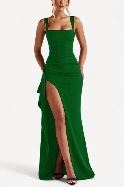 Women's Elegant Square Neck Bodycon High Split Ruched  Formal Dress