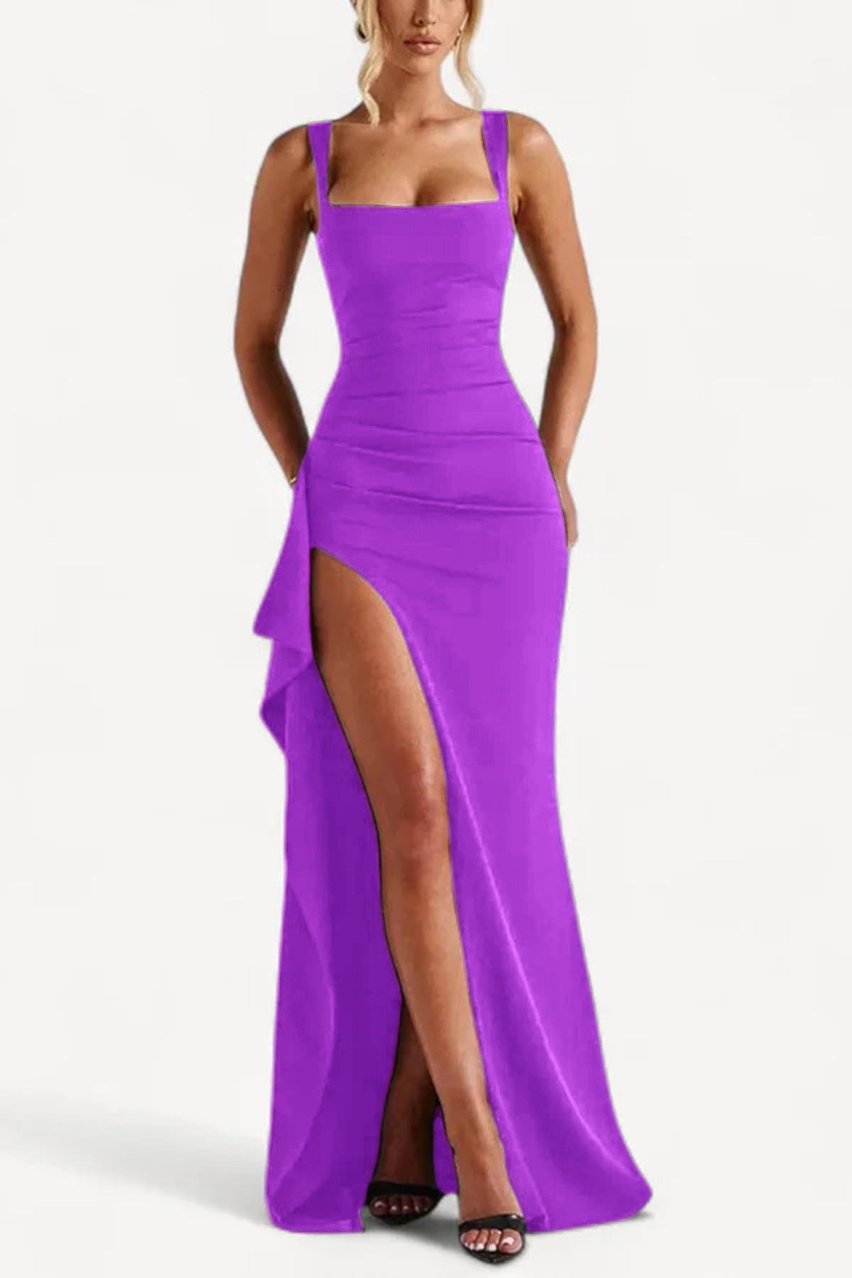 Women's Elegant Square Neck Bodycon High Split Ruched  Formal Dress