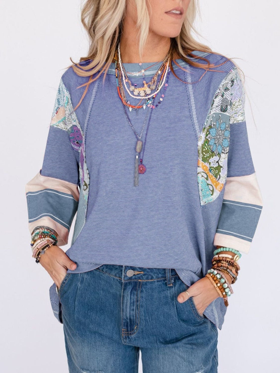 ✨Women's Casual Striped Floral Print Patchwork Oversized 3/4 Sleeve Top