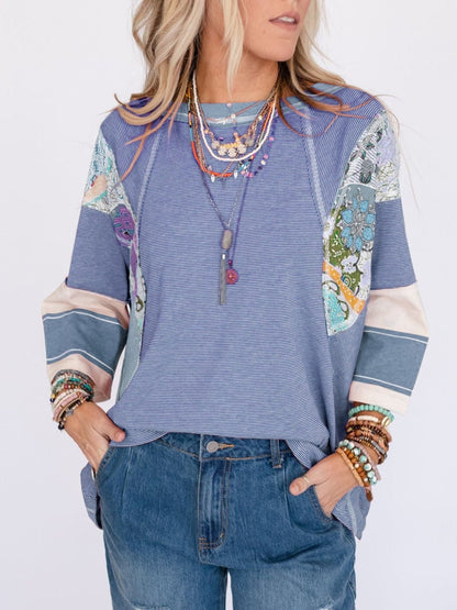 ✨Women's Casual Striped Floral Print Patchwork Oversized 3/4 Sleeve Top