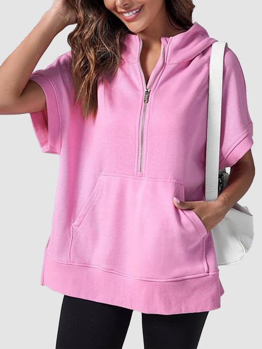 Women's Oversized Half-Zip Short Sleeve Hoodie