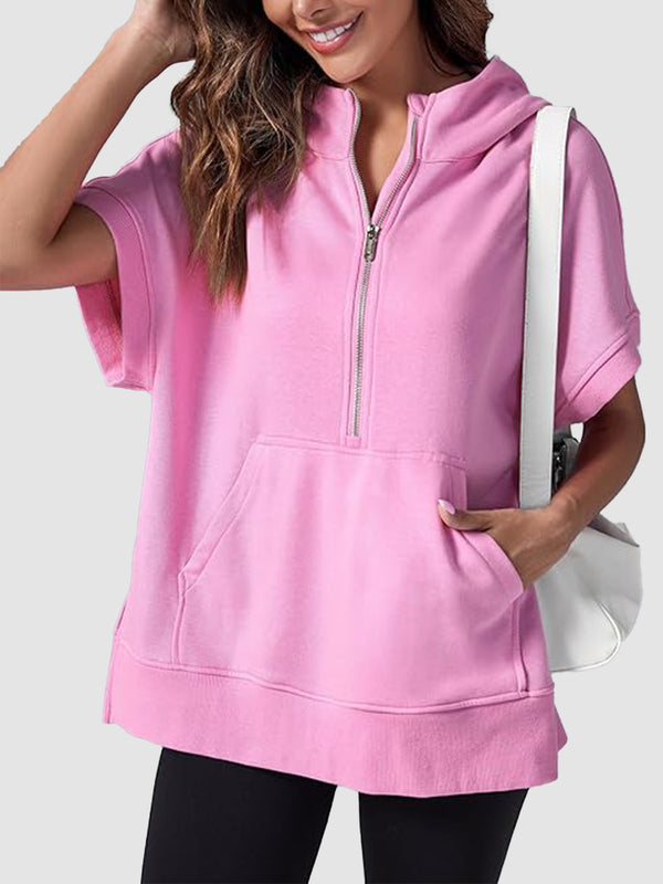 Women's Oversized Half-Zip Short Sleeve Hoodie