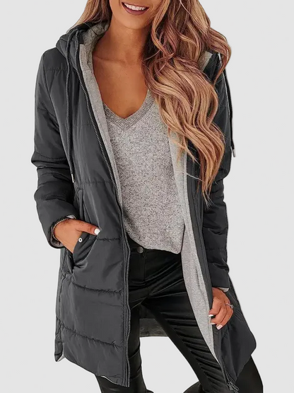 Women Hooded Drawstring Mid Puffer Coat