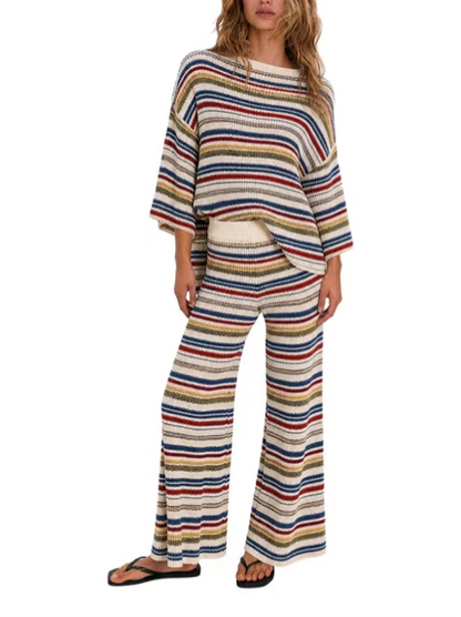 Women Striped Knit Two‑Piece Set Crew Neck 3/4 Sleeve Loose Top Wide Leg Pants
