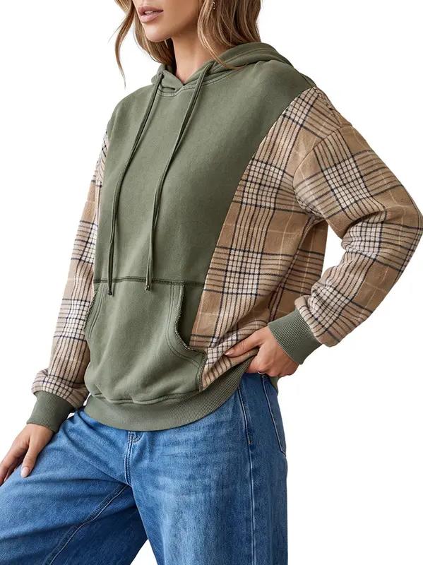 Women's Plaid Spliced Color Block Hoodie