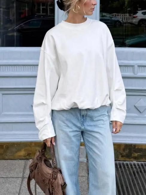 Cozy Solid Color Crewneck Pullover with Elastic Hem